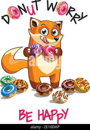 Vector illustration of cartoon fox with donuts. Stock Vector