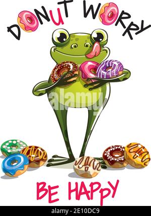 Vector illustration of cartoon frog with donuts. Stock Vector