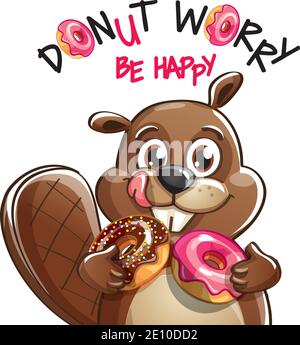 Vector illustration of cartoon beaver with donuts. Stock Vector