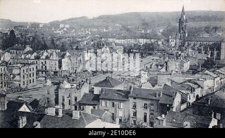 A historical a view of damaged buildings in Baccarat, Meurthe-et-Moselle, France. Taken from a postcard c. 1914-1915. Stock Photo