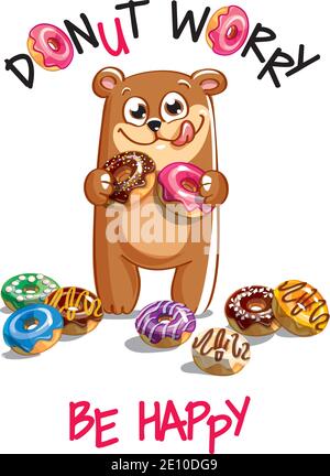 Vector illustration of cartoon bear with donuts. Stock Vector