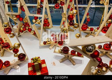 Christmas decorations made from New Year's toys and gift boxes Stock Photo