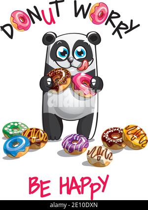 Vector illustration of cartoon panda with donuts. Stock Vector
