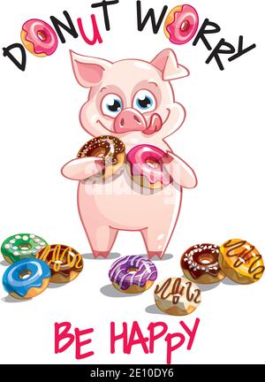 Vector illustration of cartoon pig with donuts. Stock Vector