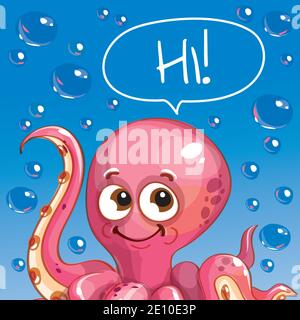 Vector illustration of cartoon octopus. Hi. Stock Vector