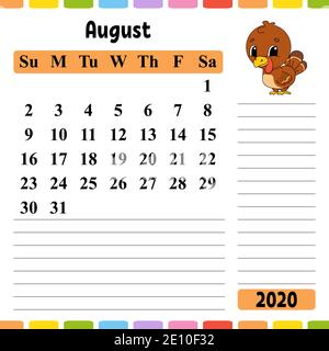 Calendar for 2020 with a cute character. Fun and bright design. Isolated vector illustration. Cartoon style. Stock Vector