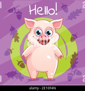 Vector illustration of cartoon pig. Hello. Stock Vector