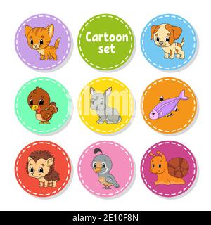 Set of colored stickers with cute characters. Isolated vector illustration. Stock Vector