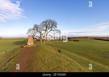 Trig point Burrough Hill (TP1794), at the Iron Age hillfort of Burrough Hill, Burrough on the Hill, Leicestershire, England, United Kingdom Stock Photo