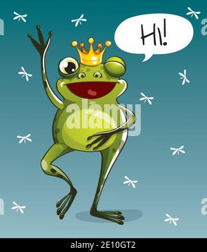 Vector illustration of cartoon frog prince. Hi. Stock Vector