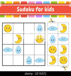 Sudoku for kids. Education developing worksheet. Activity page with pictures. Puzzle game for children. Logical thinking training. Isolated vector ill Stock Vector