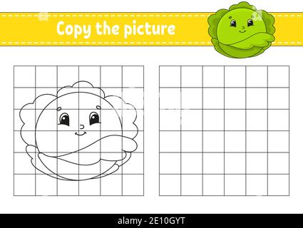 Copy the picture. Coloring book pages for kids. Education developing worksheet. Game for children. Handwriting practice. Funny character. Cute cartoon Stock Vector