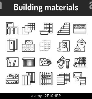 Construction materials black line icons set. Pictograms for web page Stock Vector