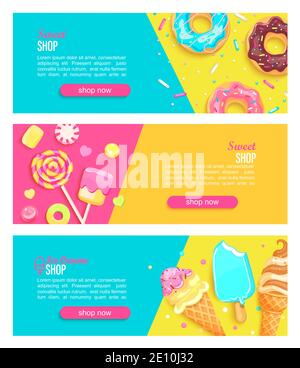 Set of sweet shop horizontal banners. Stock Vector