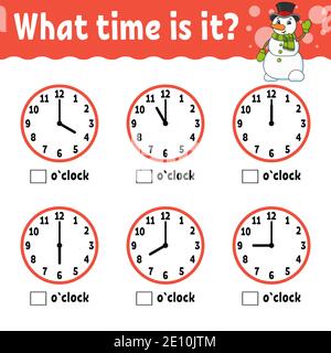 Learning time on the clock. Educational activity worksheet for kids and toddlers. Game for children. Simple flat isolated vector illustration in cute Stock Vector