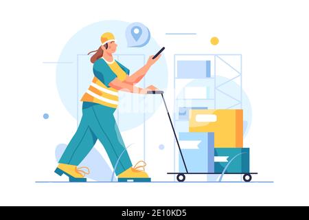 Girl walks with a cart full of cargo Stock Vector