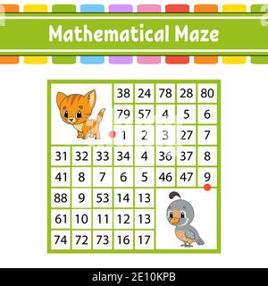 Mathematical maze. Game for kids. Number labyrinth. Education developing worksheet. Activity page. Puzzle for children. Cartoon characters. Riddle for Stock Vector