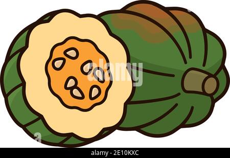 Acorn Squash isolated vector illustration, whole and half fruit, for Acorn Squash Day on September 7. Stock Vector