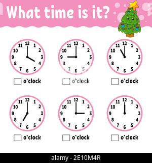 Learning time on the clock. Educational activity worksheet for kids and toddlers. Game for children. Simple flat isolated vector illustration in cute Stock Vector