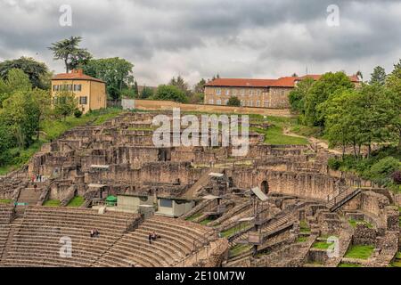 The Roman gallo theater on the Fourvière hill in Lyon, France Stock Photo