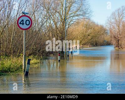 Flooded road A1123 causeway at Earith Wash Earith Bridge