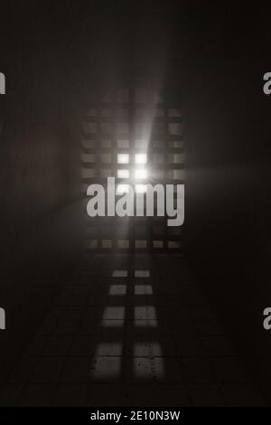 3d rendering of grunge ancient prison cell illuminated from light rays Stock Photo