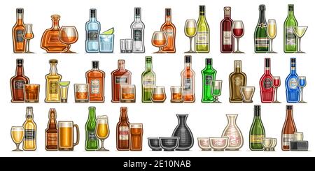 Vector Alcohol Set, variety cut out illustrations of hard spirit drinks in bottles and glasses, red and white premium wine in wineglass, cold ale and Stock Vector