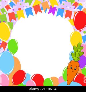 Happy birthday greeting card with a cute cartoon character. With copy space for your text. Picture on the background of bright balloons, confetti and Stock Vector