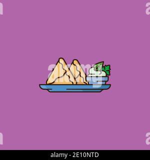 Indian Samosa on plate with cilantro and mint chutney in bowl vector illustration for Samosa Day on September 5. Stock Vector