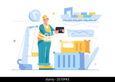 The guy stands with a tablet in his hands in the seaport Stock Vector