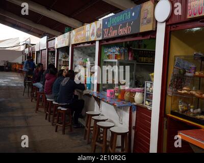 Typical food juice stall store shop indoor jugueria selling fresh smoothies in Mercado Modelo market Chachapoyas Amazonas Peru South America Stock Photo