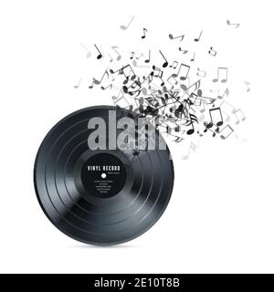 Vinyl record with flow music notes. Musical banner template in retro style. Vector Stock Vector