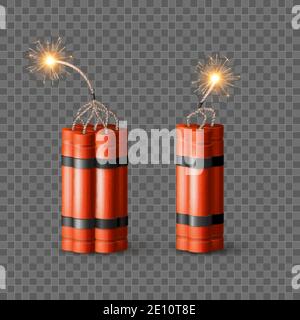 Red Dynamite Bomb with Burning Wick. Military Detonate Weapon. Isolated vector Stock Vector