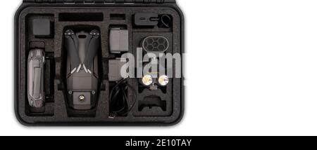 Case with drone and equipment on a white background Stock Photo