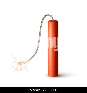 Dynamite Bomb with Burning Wick. Military Detonate Red Weapon. Vector illustration isolated on white Stock Vector