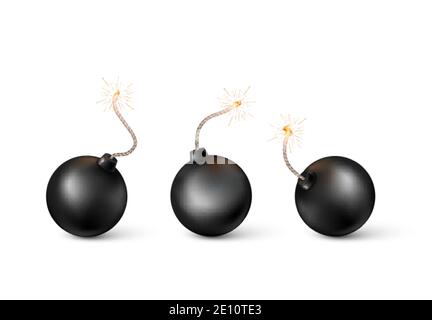 Set of Bombs. Burning fuse black bomb in realistic style. Vector illustration Stock Vector
