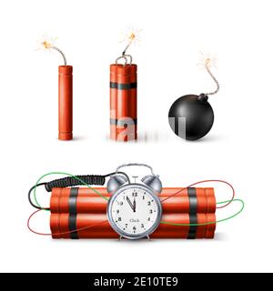Dynamite Bomb with Countdown Clock and Black Sphere Bomb. Military Detonate Weapon. Vector illustration isolated on white Stock Vector