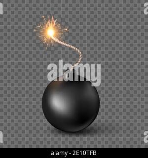 Black Sphere Bomb. Burning fuse black bomb in realistic style. Vector illustration Stock Vector