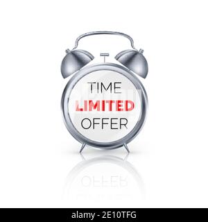 Realistic alarm clock with special offer on dial. Limited time offer banner. Big sale discount. Vector illustration Stock Vector