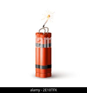 Red Dynamite Bomb with Burning Wick. Military Detonate Weapon. Vector Stock Vector
