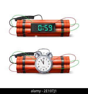 Dynamite Bomb with Countdown Clock and Digital Timer. Military Detonate Red Weapon. Vector illustration Stock Vector
