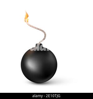 Realistic bomb. Burning fuse black bomb. Vector illustration Stock Vector