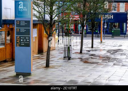 Epsom, London UK, January 03 2021, Pedestrian Area Free Of Traffic In Epsom Square Surrey, South London  With No People During Covid-19 Tier 4 Lockdow Stock Photo