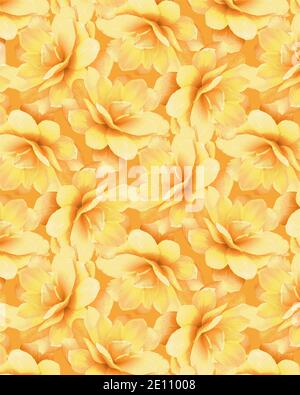 Repeating flower pattern. Stylized, golden, blooming begonia flowers hand-painted, assembled into a seamless pattern for textiles or wallpaper. Modern Stock Photo