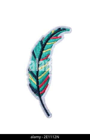 Colorful feather embroidered patch isolated on white background Stock Photo
