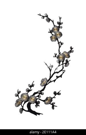 Embroidered branch with flowers isolated on white background Stock Photo