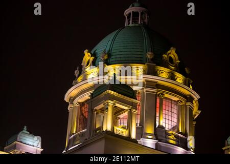 National Assembly of the Republic of Serbia building, beautifully illuminated, Belgrade, Serbia Stock Photo