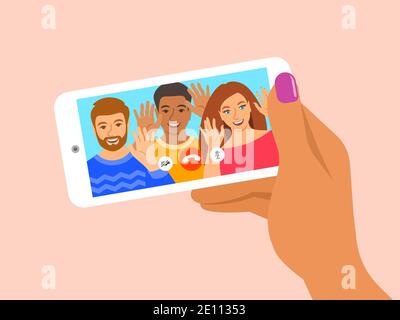 Friends online video call by smartphone. Young people say hi to their friend virtually in mobile video call app. Flat cartoon illustration. Social dis Stock Vector