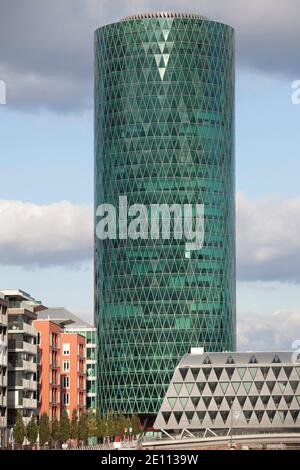 The Westhafen Tower is a high-rise building in the Gutleutviertel district of Frankfurt am Main. Stock Photo