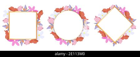 Tropical flowers set around a white frame copy space. Bright abstract background for banner, flyer or cover with copy space for text or emblem Stock Vector